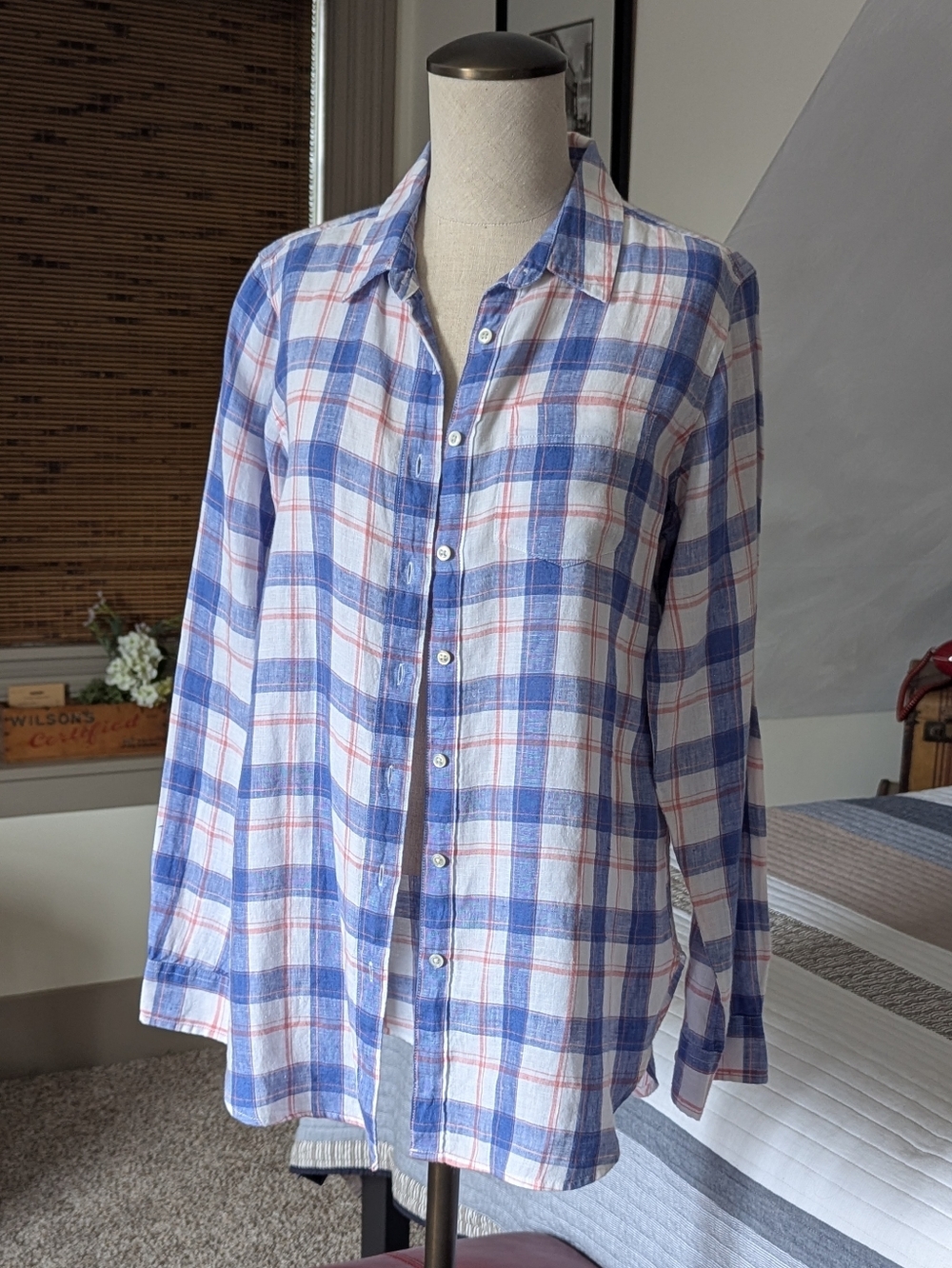 L.L. Bean Blue, Red and White Plaid Button-Down Shirt